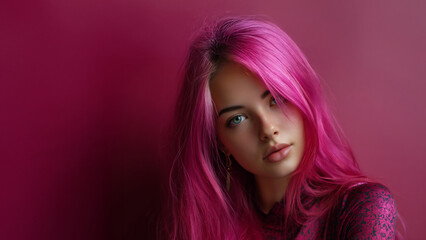 Naklejka premium dazzling pink futuristic woman portrait, pink cyberpunk beauty in futuristic world, monochrome pink scifi female aesthetic