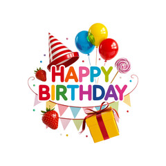 Colorful happy birthday design with balloons and gift box transparent background