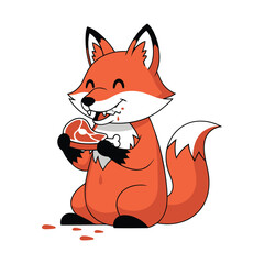 Cute Fox Cartoon Mascot Eating Meat &ndash; Flat Vector Illustration Isolated on White
