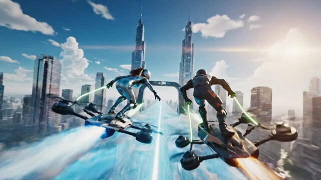 Futuristic race on hoverboards over a cityscape: two pilots in sleek suits racing through a neon-lit course above a modern metropolis
