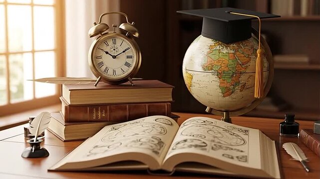 Nostalgic academic study desk with open old book, globe, graduation cap, and vintage alarm clock in a warm, bright room, evoking a sense of learning and history.