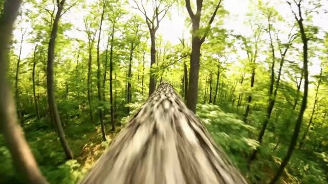 Squirrel POV running up tree trunk fast with vertigo dizzying height view in forest