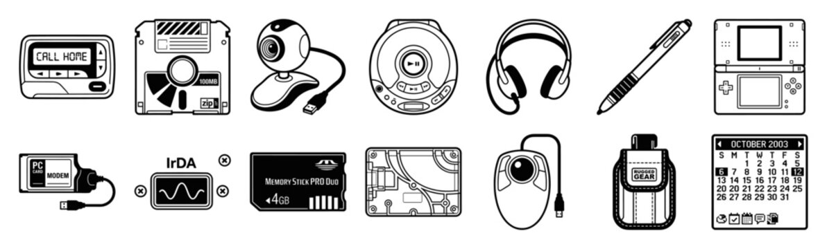 Minimalist Line Art Retro Technology Graphic Set for Nostalgic Multimedia Design and Early 2000s Computing Projects