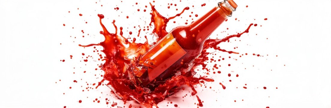 Splashing red sauce exploding from glass bottle