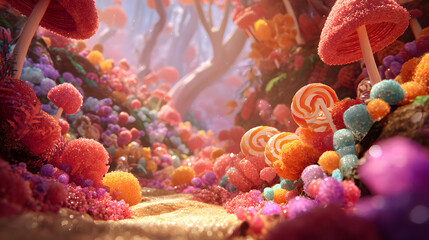 Fototapeta premium Colorful candy forest with lollipop, gumdrop, and sugar mushroom, whimsical fantasy landscape, dreamy and magical atmosphere