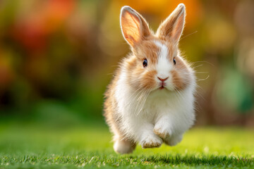 Fototapeta premium Adorable brown and white bunny hopping energetically across the vibrant green grass in a sunlit garden with a warm, blurred natural background
