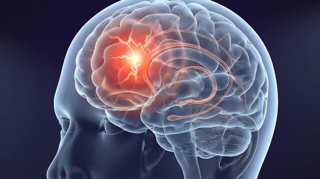 Illustration of a human brain highlighting a stroke or neurological event with glowing red area