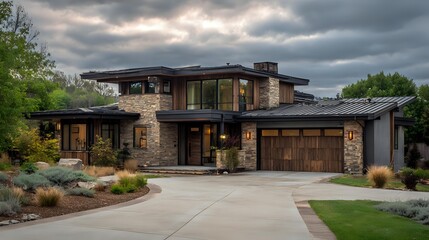 Obraz premium Modern luxury house with stone and wood exterior featuring a multi-level design and landscaped garden perfect for upscale real est