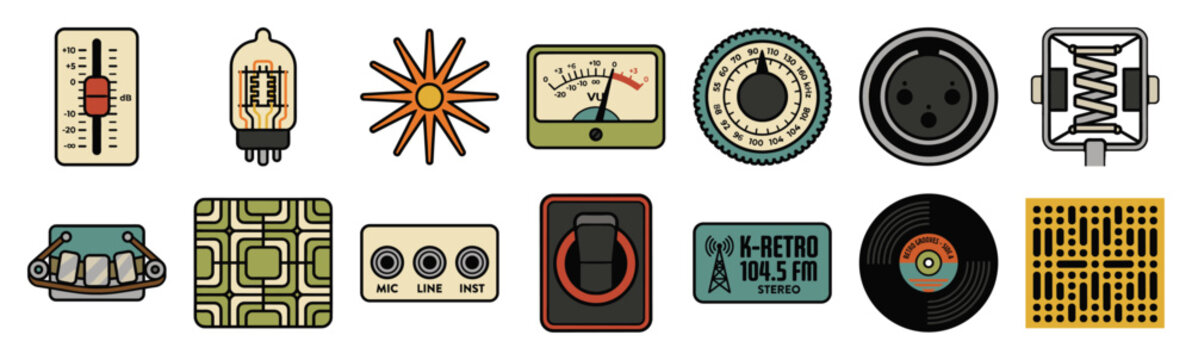 Retro Analog Audio and Radio Broadcast Element Kit for Vintage Sound Engineering and Studio Design