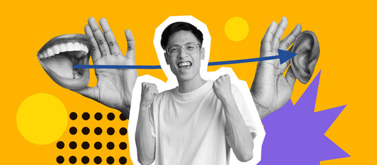 The collage features a person with a big smile in the center. Surrounding the person are hands...