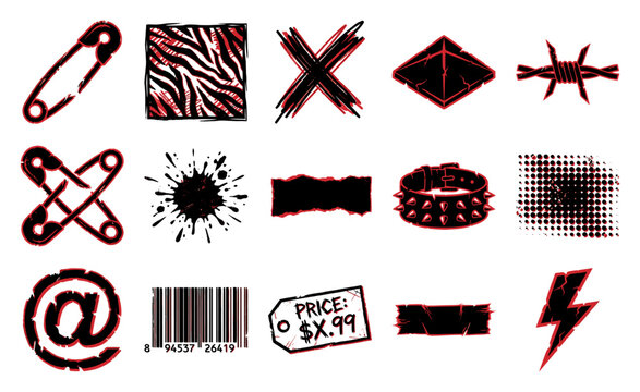 Grungy Punk Rock Aesthetic Graphic Element Kit for Alternative Streetwear Apparel and Distressed Edgy Branding