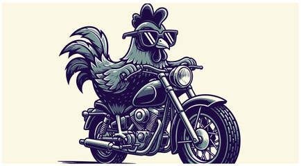 Cool chicken wearing sunglasses riding a vintage motorcycle © colorshapppy