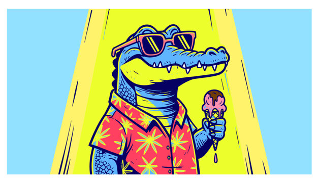 Cool alligator in sunglasses enjoying ice cream under bright spotlight