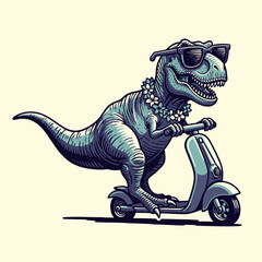 Cool dinosaur wearing sunglasses riding a scooter cartoon illustration © colorshapppy