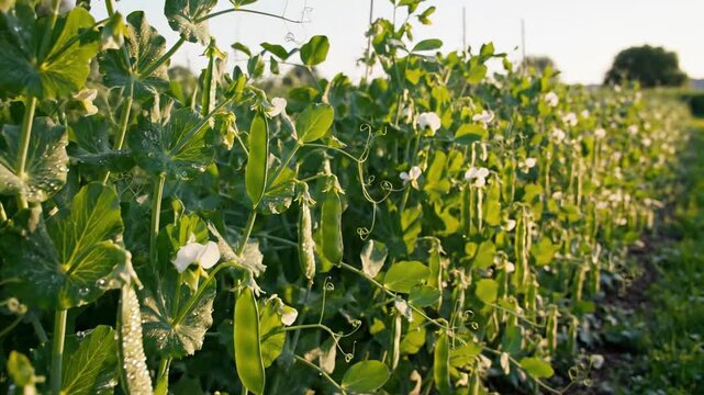 Rows of fresh green peas growing in a sunlit garden, showcasing healthy organic produce ready for harvest