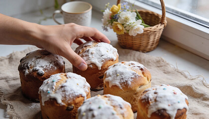 This high-quality stock photo captures a cozy and festive scene featuring a traditional Easter bread, often called Kulich or Panettone, dusted with white powdered sugar. A human hand is shown reaching