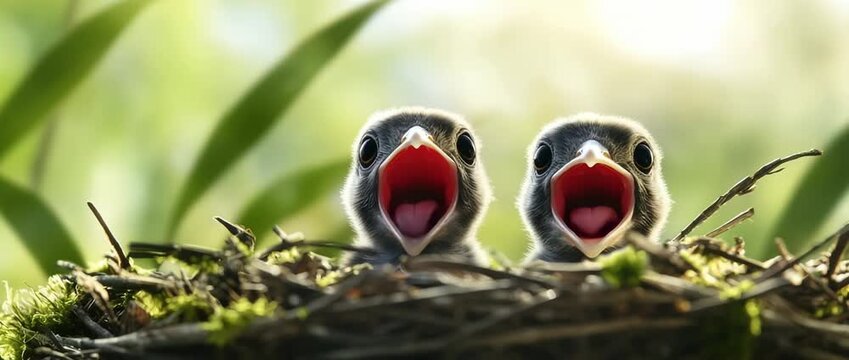 Two hungry baby birds with mouths wide open in  nest against  bright green background