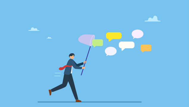 Businessman catching dialog speech bubble. Requirement gathering, catch up meeting summary, client or customer opinion, conversation, effective communication or message and conversation.