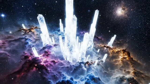 Towering crystalline pillars of condensed light pierce a swirling cosmic nebula in deep space