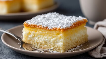 A slice of cheesecake with powdered sugar on top. The plate is on a table with a cup nearby