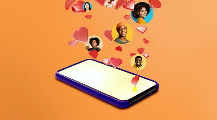 Collage displays a smartphone with empty screen. Above the phone, hearts and faces of people...