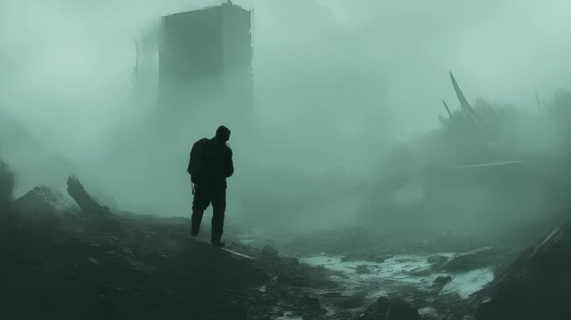 Exploring the nebulous depths of conflict and uncertainty in a haunting landscape shrouded by fog, An abstract concept of the fog of war