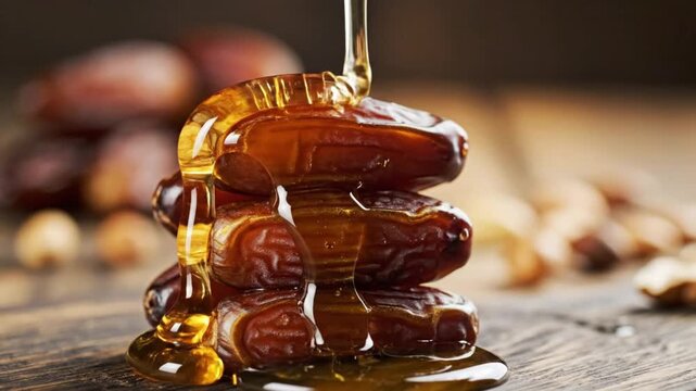 A stack of three dark brown dates on a wooden surface with golden honey actively dripping and pooling around them Blurred dates are in the background
