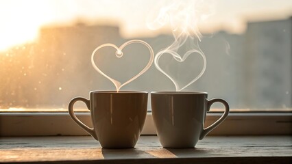Cozy scene of two cups of coffee with heart shaped steam against a sunset window background