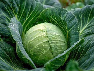 Fototapeta premium Fresh green cabbage with dew drops growing in garden surrounded by large leafy greens in natural outdoor setting