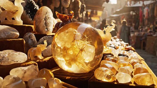 Warm Citrine Crystals and Gemstones on Display at a Sun-Drenched Outdoor Market Stall