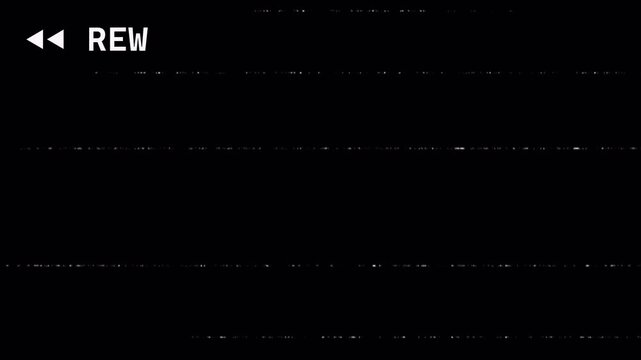 4K alpha channel video of a rewind (REW) tape-style overlay with analog noise and scanlines. Retro VHS glitch effect, ideal for transitions, UI overlays, and video editing.
