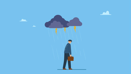 Depressed wet businessman walking in raining thunderstorm. Having bad day, disappointed work, discourage or depression, failure feeling bad or difficulty, having problem and trouble.