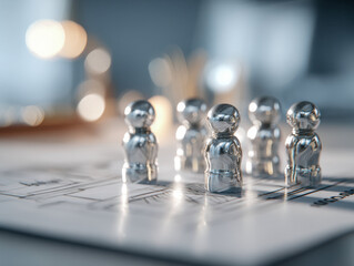 Shiny metallic figures standing on architectural blueprints symbolizing teamwork, planning, and strategic collaboration in business and design projects