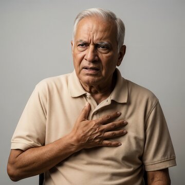 Senior Indian man holding chest in discomfort, highlighting heart health awareness, aging concerns, medical emergencies, and importance of timely care.