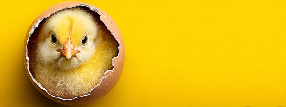 A baby chick peeking out of an egg. The chick is looking at the camera with a frown on its face