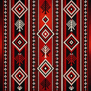 Traditional textile pattern with diamond and tree motifs in red, black, and white.
