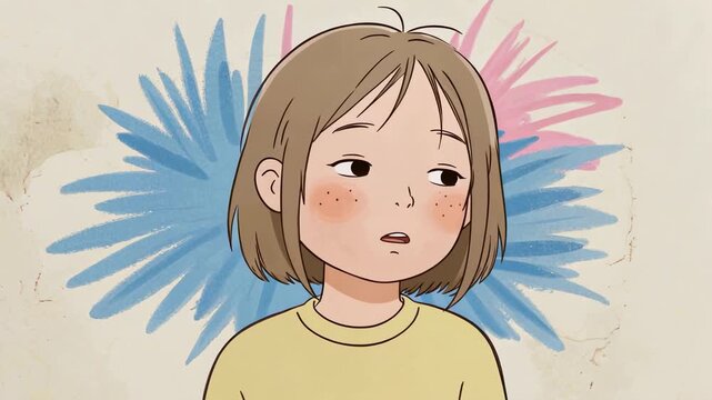 A girl with sad face, cartoon style.