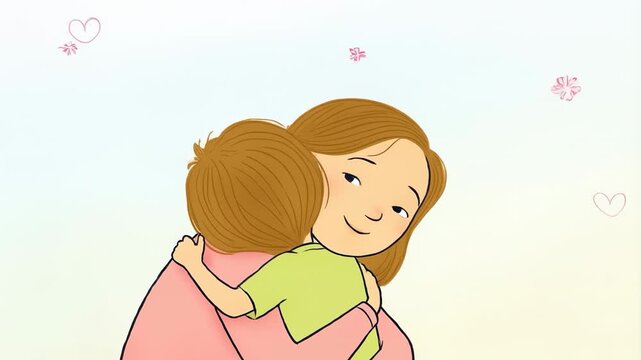Cartoon doodle celebrating Mother's Day, mother and son are chatting, hugging and loving each other.
