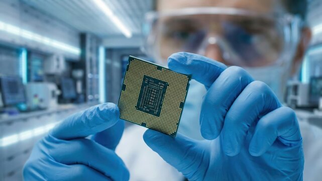 Computer engineer holding a CPU processor chip in a futuristic high-tech laboratory cleanroom