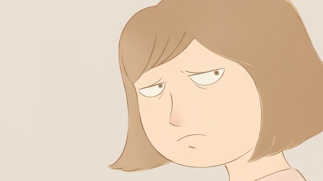 A girl with sad face, cartoon style.