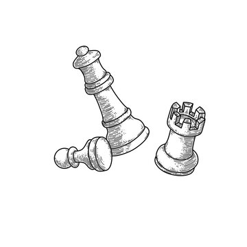 hand drawn chess pieces line art vector illustration