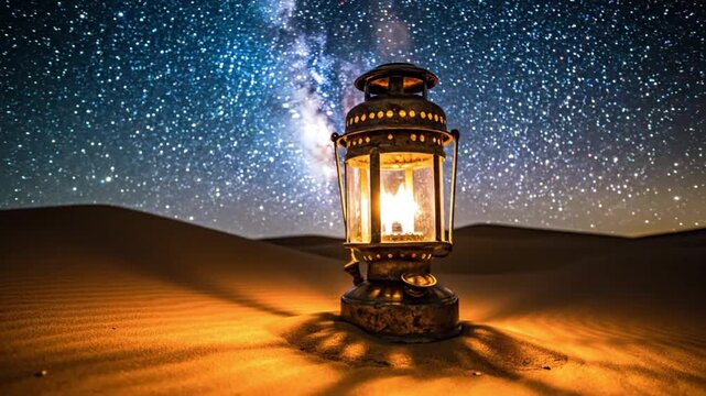 An antique lantern with a glowing flame stands on rippled desert sand under a vast starfilled night sky illuminating the immediate surroundings