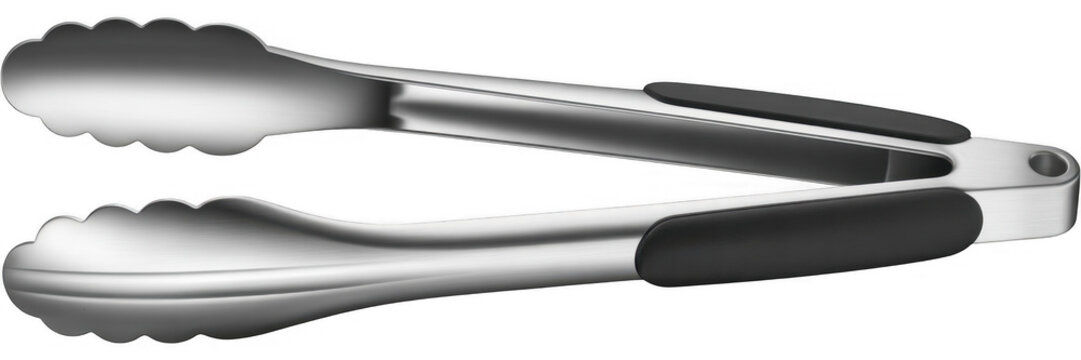 Stainless steel tongs with black grips kitchen tool isolated on a transparent background
