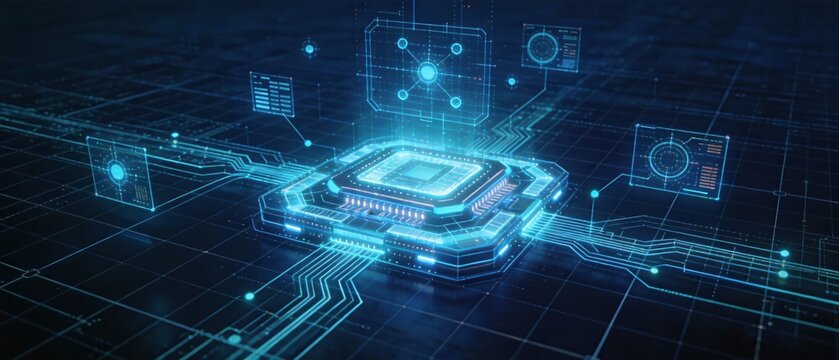 Futuristic quantum computer core architecture with glowing cyan technical blueprint lines, floating data nodes, holographic processor diagrams, and geometric engineering schematics on deep navy blue b
