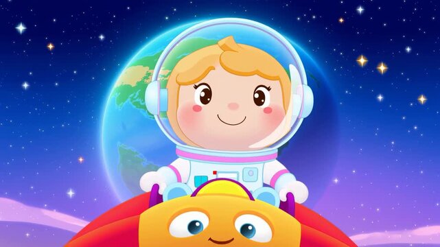 Cute Astronaut Riding Rocket, Cartoon style.
