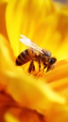foraging. Macro view of a bee contacting flower petals during pollination in golden hour. gardening catalogs, home-decor guides, designed for gardening and botanical catalogs, used by nutritionists.
