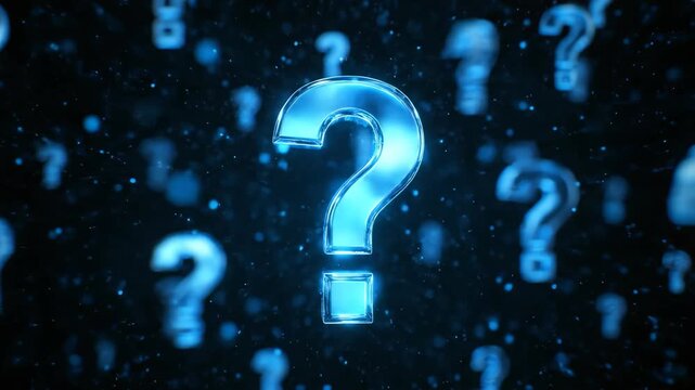 Glowing blue glass 3D question mark symbol floating amidst abstract digital particles on a dark background, concept for problem solving, knowledge base design and online support services
