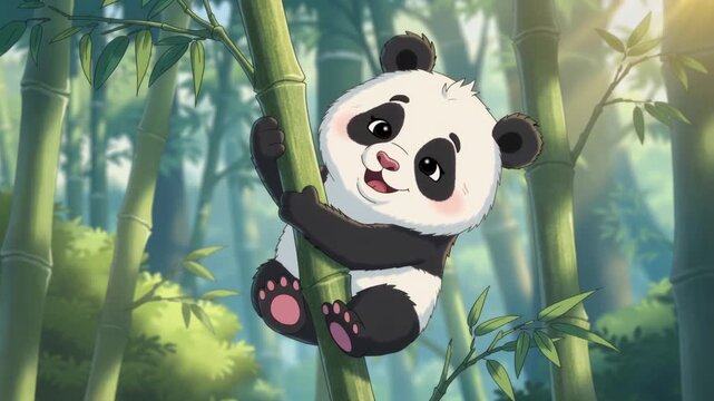 Cute baby panda cartoon hanging on the bamboo.