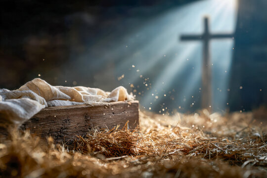 Rustic manger filled with straw and cloth under gentle sunlight beams shining toward a cross symbolizing hope and faith in a warm peaceful setting