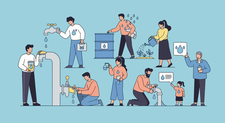 Plakat People engaging in various activities with technology and pets in a modern setting.